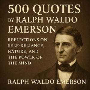 May include: A book cover featuring the title "500 Quotes" by Ralph Waldo Emerson. The cover has a sepia tone and includes the author's portrait. The book's subtitle reads "Reflections on Self-Reliance, Nature, and The Power of The Mind."