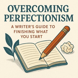 May include: An illustration featuring an open book, a pencil, and a crumpled paper ball. The book's title reads "Overcoming Perfectionism: A Writer's Guide to Finishing What You Start."