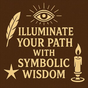 May include: A brown graphic with the text "ILLUMINATE YOUR PATH WITH SYMBOLIC WISDOM." The image includes a stylized eye, feather, star, and candle, all in a gold color. The background is a solid brown.