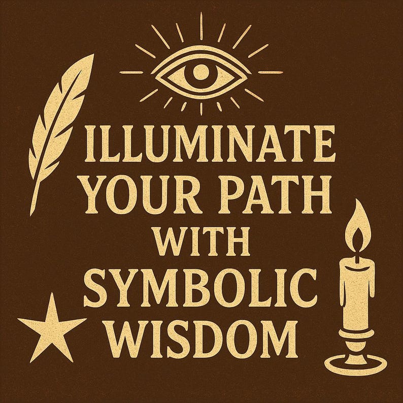 May include: A brown graphic with the text "ILLUMINATE YOUR PATH WITH SYMBOLIC WISDOM." The image includes a stylized eye, feather, star, and candle, all in a gold color. The background is a solid brown.