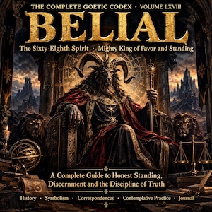 Könnte beinhalten: Ein Buchcover mit dem Titel The Complete Goetic Codex Volume LXVIII Belial The Sixty-Eighth Spirit Mighty King of Favor and Standing. Es zeigt eine gehörnte Figur auf einem Thron mit Löwen, einem Zepter und einer Waage sowie Text über Wahrheit.