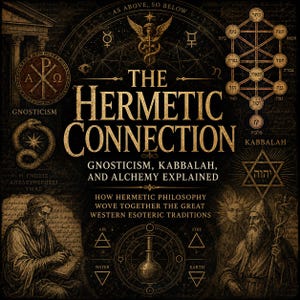 May include: A dark-toned book cover titled The Hermetic Connection: Gnosticism, Kabbalah, and Alchemy Explained. The design features gold-colored illustrations including a Tree of Life, a caduceus, alchemical symbols, and two bearded figures.