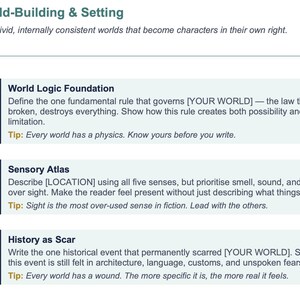 Peut inclure: Un guide de cr&eacute;ation de mondes avec du texte sur fond blanc. Le texte est divis&eacute; en sections sur la logique du monde, les d&eacute;tails sensoriels et l'histoire. Chaque section a un rectangle bleu fonc&eacute; avec du texte blanc.