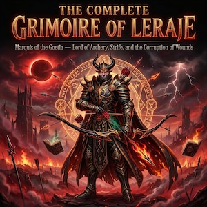 Op de afbeelding: Een boekomslag met de titel THE COMPLETE GRIMOIRE OF LERAJE, Marquis of the Goetia — Lord of Archery, Strife, and the Corruption of Wounds. Het toont een gehoornde krijger in donker harnas met een boog, omringd door pijlen, vuur en een cirkel.