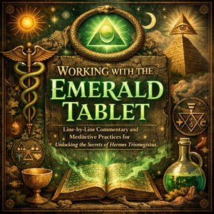 Puede incluir: Portada de libro ilustrada con el título "Working with the Emerald Tablet". La imagen presenta una serpiente, una pirámide y un libro abierto con páginas verdes brillantes. La estética es vintage y mística.