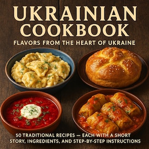 Puede incluir: Un libro de cocina titulado "UKRAINIAN COOKBOOK" con el subtítulo "FLAVORS FROM THE HEART OF UKRAINE". La portada presenta cuatro cuencos de platos ucranianos: pierogi, un pan redondo, borscht y rollos de col rellenos. El texto dice "50 RECETAS TRADICIONALES".