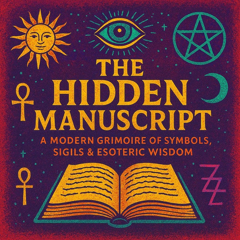 May include: A book cover with the title "The Hidden Manuscript" in gold lettering. The cover features esoteric symbols like a sun, an eye, a pentagram, and an open book. The background is a deep purple with a red border.