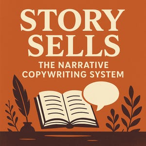Pode incluir: Num fundo laranja, a imagem apresenta o texto "STORY SELLS" em letras creme. Abaixo, lê-se "THE NARRATIVE COPYWRITING SYSTEM". Uma ilustração de um livro aberto, uma pena, um tinteiro e um balão de fala.