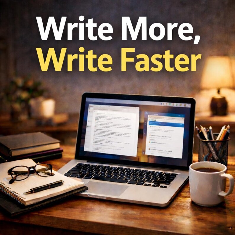 Peut inclure: Un ordinateur portable affichant du texte sur un bureau en bois, avec les mots "Write More, Write Faster" en blanc et jaune. Un bloc-notes, un stylo et des lunettes sont &agrave; proximit&eacute;, ainsi qu'une tasse de caf&eacute; et une lampe.