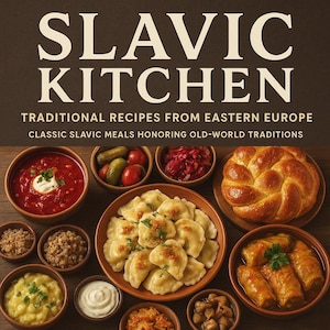 Peut inclure: Une photographie de plats slaves traditionnels. L'image présente une couverture de livre de cuisine avec le titre "SLAVIC KITCHEN" et le texte "TRADITIONAL RECIPES FROM EASTERN EUROPE". Divers plats, comme de la soupe, des pierogis et du pain, sont disposés autour de la couverture.