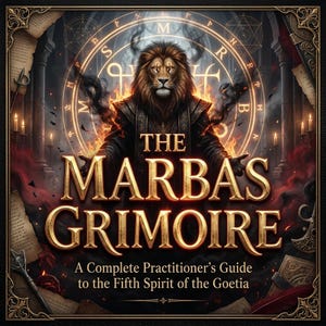 May include: A book cover with the title "The Marbas Grimoire" in gold lettering. The image features a lion-headed figure with flames, surrounded by mystical symbols and text. The subtitle reads "A Complete Practitioner's Guide to the Fifth Spirit of the Goetia."
