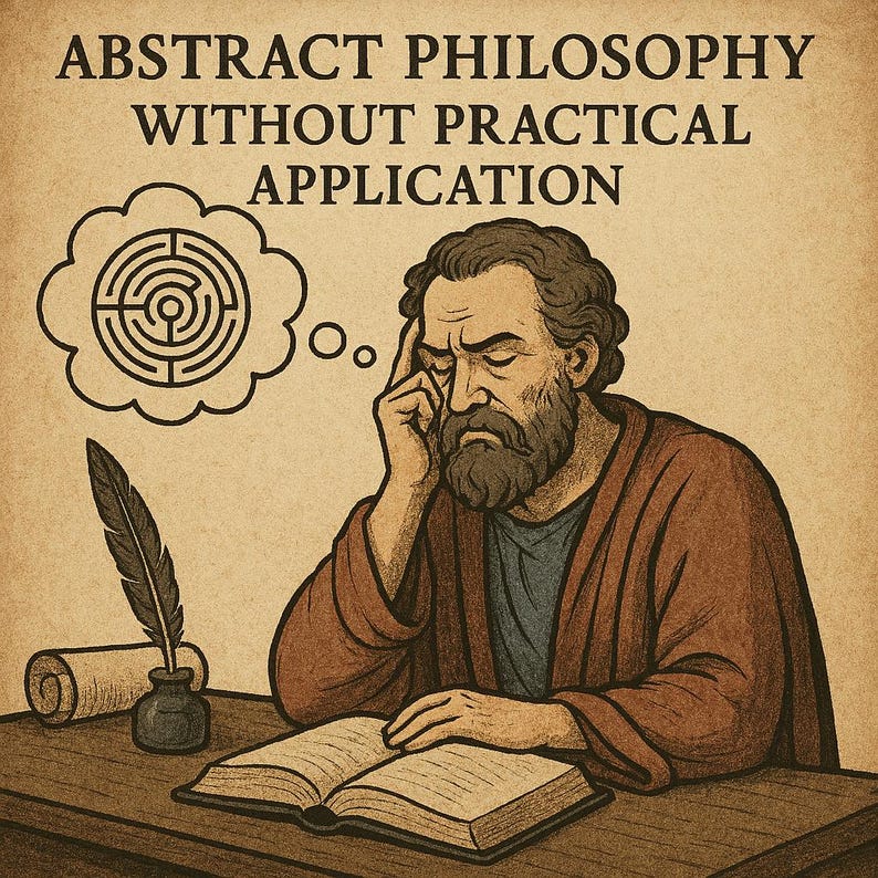 May include: Illustration of a pensive man with a beard, seated at a desk, pondering. Above him is a thought bubble with a maze design. The image includes a quill, inkwell, and an open book. Text at the top reads: ABSTRACT PHILOSOPHY WITHOUT PRACTICAL APPLICATION.