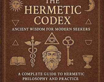 May include: A brown book cover with gold lettering and illustrations. The title reads "The Hermetic Codex" with the subtitle "Ancient Wisdom for Modern Seekers." Various symbols and a portrait are displayed.