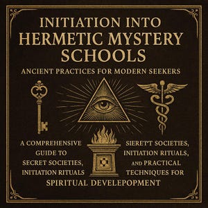 Op de afbeelding: Donkerbruine vierkante afbeelding met gouden tekst en illustraties. De tekst luidt "INITIATION INTO HERMETIC MYSTERY SCHOOLS" en "ANCIENT PRACTICES FOR MODERN SEEKERS". Illustraties zijn onder meer een sleutel, een oog in een driehoek en een staf met vleugels.