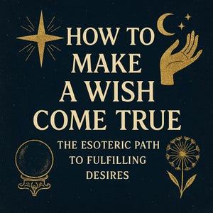 May include: Dark blue background with gold text and illustrations. Text reads "HOW TO MAKE A WISH COME TRUE" with additional text below. Illustrations include a star, hand, moon, crystal ball, and dandelion.