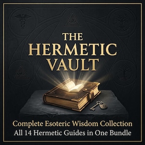 Puede incluir: Un libro de cuero oscuro con esquinas doradas descansa sobre una superficie de piedra, emitiendo una luz brillante desde sus páginas abiertas. Junto a él hay una llave y un candado de metal. El texto dice THE HERMETIC VAULT, Complete Esoteric Wisdom Collection.