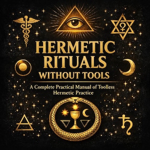 Peut inclure: Couverture de livre avec texte et symboles dorés sur fond noir. Le titre est "Hermetic Rituals Without Tools". Le sous-titre indique "A Complete Practical Manual of Toolless Hermetic Practice". Les symboles incluent un œil dans un triangle, un caducée et un croissant de lune.