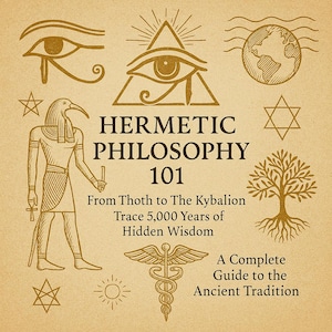 Puede incluir: Una portada de libro con un fondo beige e ilustraciones doradas de símbolos antiguos, incluyendo un ojo dentro de un triángulo, una figura con cabeza de pájaro y un árbol. El título es "HERMETIC PHILOSOPHY 101".