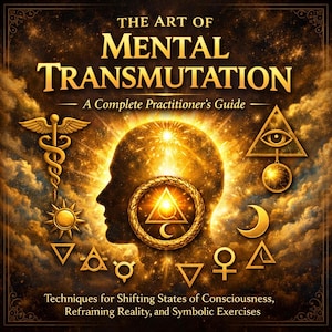 Könnte beinhalten: Ein Buchcover mit dem Titel "THE ART OF MENTAL TRANSMUTATION" in goldener Schrift. Das Bild zeigt eine Silhouette eines Kopfes mit verschiedenen goldenen Symbolen und einem hellen Licht, das von innen ausgeht. Der Text darunter lautet "A Complete Practitioner's Guide".