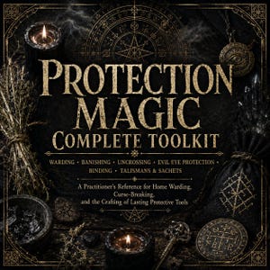 May include: A dark, textured graphic featuring the text PROTECTION MAGIC COMPLETE TOOLKIT, WARDING, BANISHING, UNCROSSING, EVIL EYE PROTECTION, BINDING, TALISMANS & SACHETS, and A Practitioner's Reference for Home Warding, Curse-Breaking, and the Crafting of Lasting Protective Tools. Includes candles, herbs, a key, and a pouch.