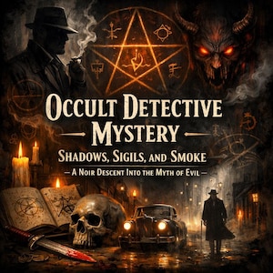 Pode incluir: Ilustração digital para "Occult Detective Mystery: Shadows, Sigils, and Smoke". A imagem apresenta um tema noir com um detetive, uma caveira, um carro antigo e uma figura demoníaca. O texto do título é proeminente, com um pentagrama e velas.