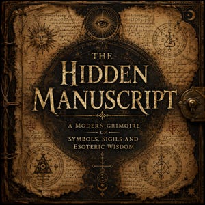Könnte beinhalten: Ein dunkles, verwittertes Buch mit dem Titel The Hidden Manuscript: A Modern Grimoire of Symbols, Sigils and Esoteric Wisdom. Der Einband zeigt gealtertes, pergamentartiges Papier mit komplexen kreisförmigen Diagrammen und Symbolen.