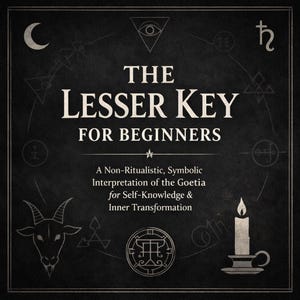 Peut inclure: Une couverture de livre carrée sur fond gris anthracite avec le texte blanc THE LESSER KEY FOR BEGINNERS et A Non-Ritualistic, Symbolic Interpretation of the Goetia for Self-Knowledge & Inner Transformation, ornée d'une chèvre, d'une bougie et de symboles.