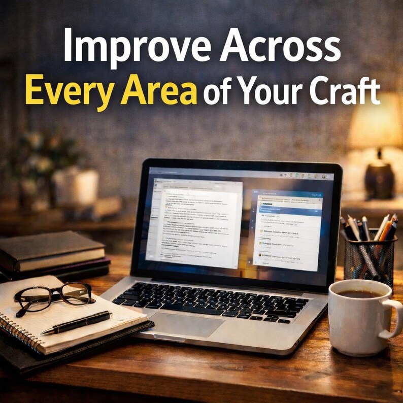 Peut inclure: Un ordinateur portable affichant des documents est pos&eacute; sur un bureau en bois, accompagn&eacute; d'un carnet, de lunettes et d'un stylo. Une tasse de caf&eacute; et un porte-crayons sont &eacute;galement pr&eacute;sents. Le texte "Improve Across Every Area of Your Craft" est affich&eacute; en haut.