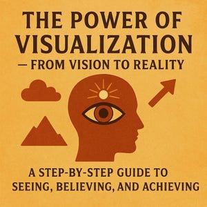 Puede incluir: Una portada de libro con el título "THE POWER OF VISUALIZATION" en letras marrones oscuras y en negrita. La portada presenta una silueta marrón de una cabeza con ilustraciones de ojo, sol, flecha, nube y montaña. También se incluye el texto "FROM VISION TO REALITY" y "A STEP-BY-STEP GUIDE TO SEEING, BELIEVING, AND ACHIEVING".