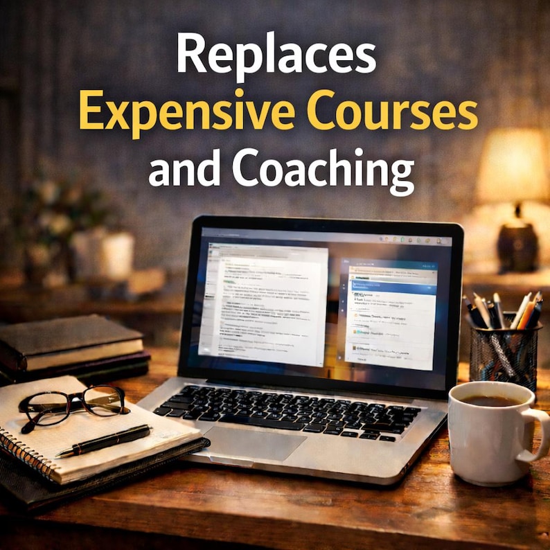 Peut inclure: Un ordinateur portable affichant des documents est pos&eacute; sur un bureau en bois, &agrave; c&ocirc;t&eacute; d'un bloc-notes, d'un stylo et de lunettes. Une tasse de caf&eacute; et un porte-crayons sont &eacute;galement sur le bureau. Le texte "Replaces Expensive Courses and Coaching" est en haut de l'image.