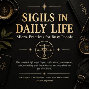 May include: A black book cover with gold text reading SIGILS IN DAILY LIFE Micro-Practices for Busy People. It includes a central sigil, a coffee cup, a compass, a pen, and a phone. The text describes embedding sigil magic into daily routines.