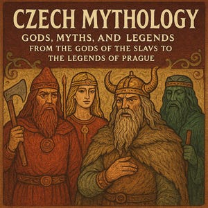 Pode incluir: Capa do livro "Mitologia Checa" com texto sobre deuses, mitos e lendas. A ilustração apresenta quatro figuras com traços faciais e vestimentas distintas, incluindo uma figura com um machado e outra com um capacete com chifres.