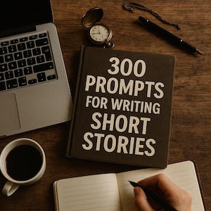 May include: A dark brown book titled "300 Prompts for Writing Short Stories" sits on a wooden surface, next to a laptop, a cup of coffee, a pocket watch, and a pen. A hand is writing in a notebook.