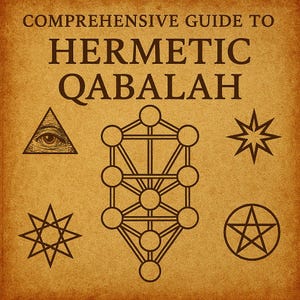 May include: A book cover with the title "Comprehensive Guide to Hermetic Qabalah" in dark brown text. The cover features various esoteric symbols, including a triangle with an eye, a tree-like structure, and stars, all on a textured, tan background.