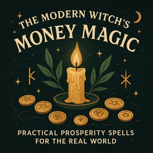 Peut inclure: Illustration d'une bougie allumée avec de la cire qui coule, entourée de pièces d'or et de feuilles vertes, sur fond sombre. Le texte indique "The Modern Witch's Money Magic" et "Practical Prosperity Spells for the Real World."