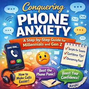 Può includere: Copertina del libro "Conquering Phone Anxiety" su sfondo blu. Presenta uno smartphone, un'emoji triste e fumetti con frasi come "Come rendere le chiamate più facili!" e "Aumenta la tua fiducia!" Una guida passo passo per i Millennials e la Gen Z.