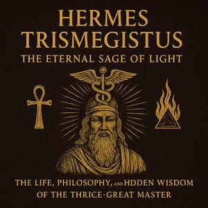 Puede incluir: Una portada de libro marrón oscuro con texto e ilustraciones doradas. El título dice "HERMES TRISMEGISTUS" encima de "THE ETERNAL SAGE OF LIGHT". Debajo hay un retrato de un hombre barbudo, flanqueado por un ankh y un símbolo de llama.