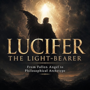 Op de afbeelding: Een donkere, dramatische illustratie met een gevleugelde figuur op een rotsachtige piek tegen een heldere, bewolkte lucht. De tekst luidt: LUCIFER THE LIGHT-BEARER From Fallen Angel to Philosophical Archetype in gouden letters.