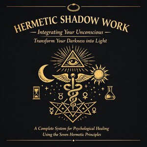 May include: A black graphic with gold text and illustrations. The title reads "HERMETIC SHADOW WORK" with the subtitle "Integrating Your Unconscious". Illustrations include an eye, sun, moon, caduceus, hourglass, and alchemical symbols.