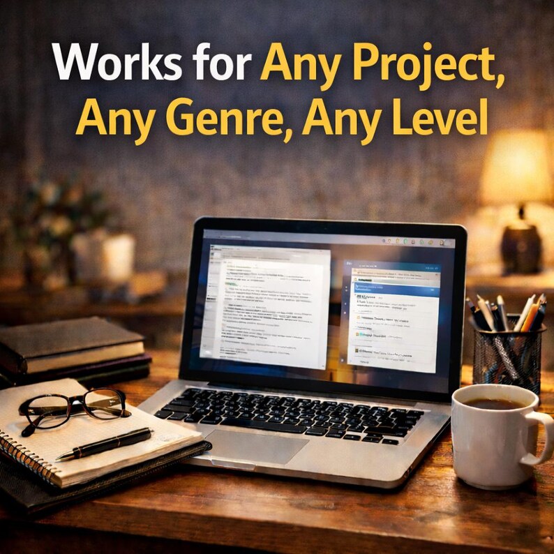 Peut inclure: Un ordinateur portable affichant du code est pos&eacute; sur un bureau en bois, avec un bloc-notes, un stylo et des lunettes. Une tasse de caf&eacute; et une lampe sont &eacute;galement pr&eacute;sentes. Le texte dit : Works for Any Project, Any Genre, Any Level.