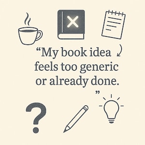May include: An illustration featuring a coffee cup, a book with an X, a notepad, a question mark, a pencil, and a lightbulb. The text says: "My book idea feels too generic or already done."