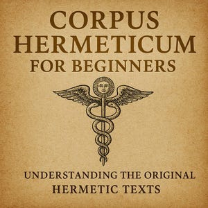 Może przedstawiać: Okładka książki z tytułem "CORPUS HERMETICUM FOR BEGINNERS" w brązowym kolorze. Poniżej znajduje się szczegółowa ilustracja symbolu kaduceusza ze skrzydłami i twarzą przypominającą słońce. Tekst "UNDERSTANDING THE ORIGINAL HERMETIC TEXTS" znajduje się na dole.