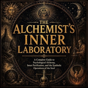 Pode incluir: Uma capa de livro quadrada intitulada The Alchemist's Inner Laboratory: A Complete Guide to Psychological Alchemy, Inner Purification, and the Symbolic Operations of the Soul, com texto dourado, um sol, uma lua e ilustrações alquímicas.