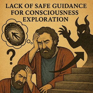 May include: Illustration with text "LACK OF SAFE GUIDANCE FOR CONSCIOUSNESS EXPLORATION." Depicts two men, a thought bubble with a figure in a galaxy, a question mark, a devil silhouette, and an arrow pointing up stairs.