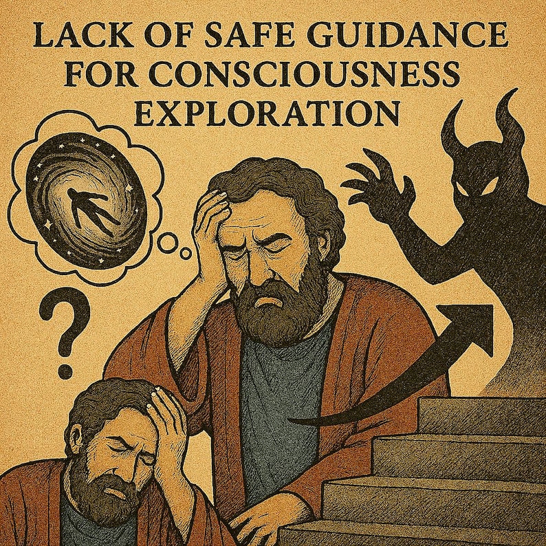 May include: Illustration with text "LACK OF SAFE GUIDANCE FOR CONSCIOUSNESS EXPLORATION." Depicts two men, a thought bubble with a figure in a galaxy, a question mark, a devil silhouette, and an arrow pointing up stairs.