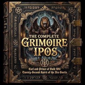 May include: A black leather-bound book titled The Complete Grimoire of Ipos, featuring gold-embossed metal corners and clasps. The cover displays a winged lion figure holding a staff and scroll, surrounded by occult symbols and Hebrew text.