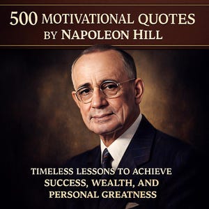 May include: A book cover featuring a portrait of Napoleon Hill, wearing glasses and a suit. The title reads "500 Motivational Quotes by Napoleon Hill." Below the portrait, the text states "Timeless Lessons to Achieve Success, Wealth, and Personal Greatness."