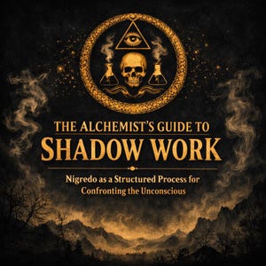 Puede incluir: Portada de libro con un tema oscuro y místico. El título "THE ALCHEMIST'S GUIDE TO SHADOW WORK" está en letras doradas. Un emblema circular con un ojo, una calavera y matraces se encuentra encima del título. El fondo presenta una cordillera.