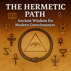 May include: A digitally created image with a gradient brown background. The text "THE HERMETIC PATH" is at the top, with "Ancient Wisdom for Modern Consciousness" below. A central design features an eye within a triangle, surrounded by a serpent.