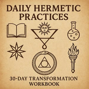 May include: A workbook cover with the title "DAILY HERMETIC PRACTICES" and the subtitle "30-DAY TRANSFORMATION WORKBOOK." The cover features line art illustrations of an open book, sun, flask, star, ouroboros, and torch.